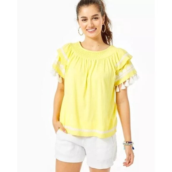 Lilly Pulitzer NAILAH TOP Lillys Lemon Yellow Tassel Embroidery XS - Picture 1 of 9